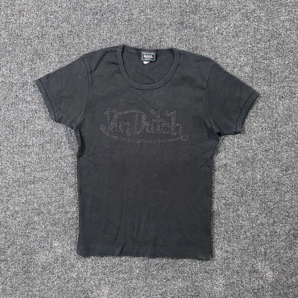 Vintage Von Dutch Women's Black One Sized Bedazzled Baby Tee